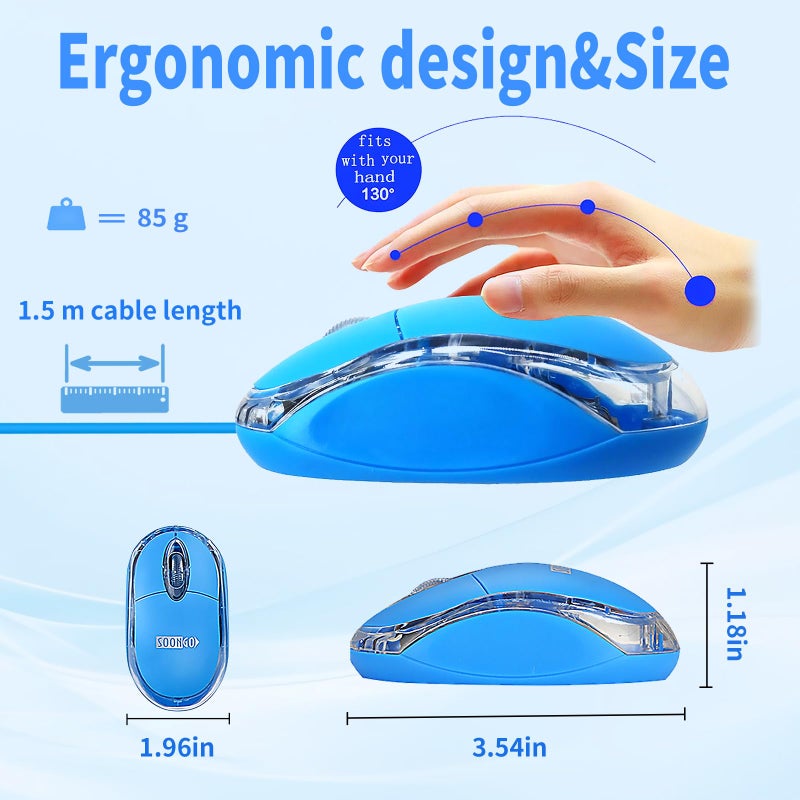 SOON GO SOONGO Kids Mouse for Laptop USB Ergonomic Optical Mouse Blue Color 1.5M Cable - Image 2